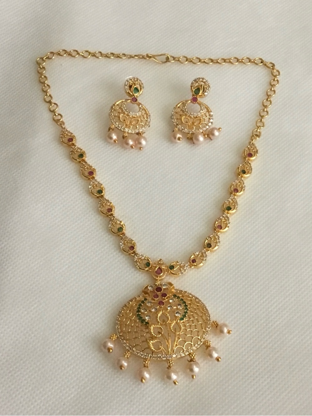 Gold-Tone Pearl Drop Necklace & Earrings Set with Green and Pink Accents